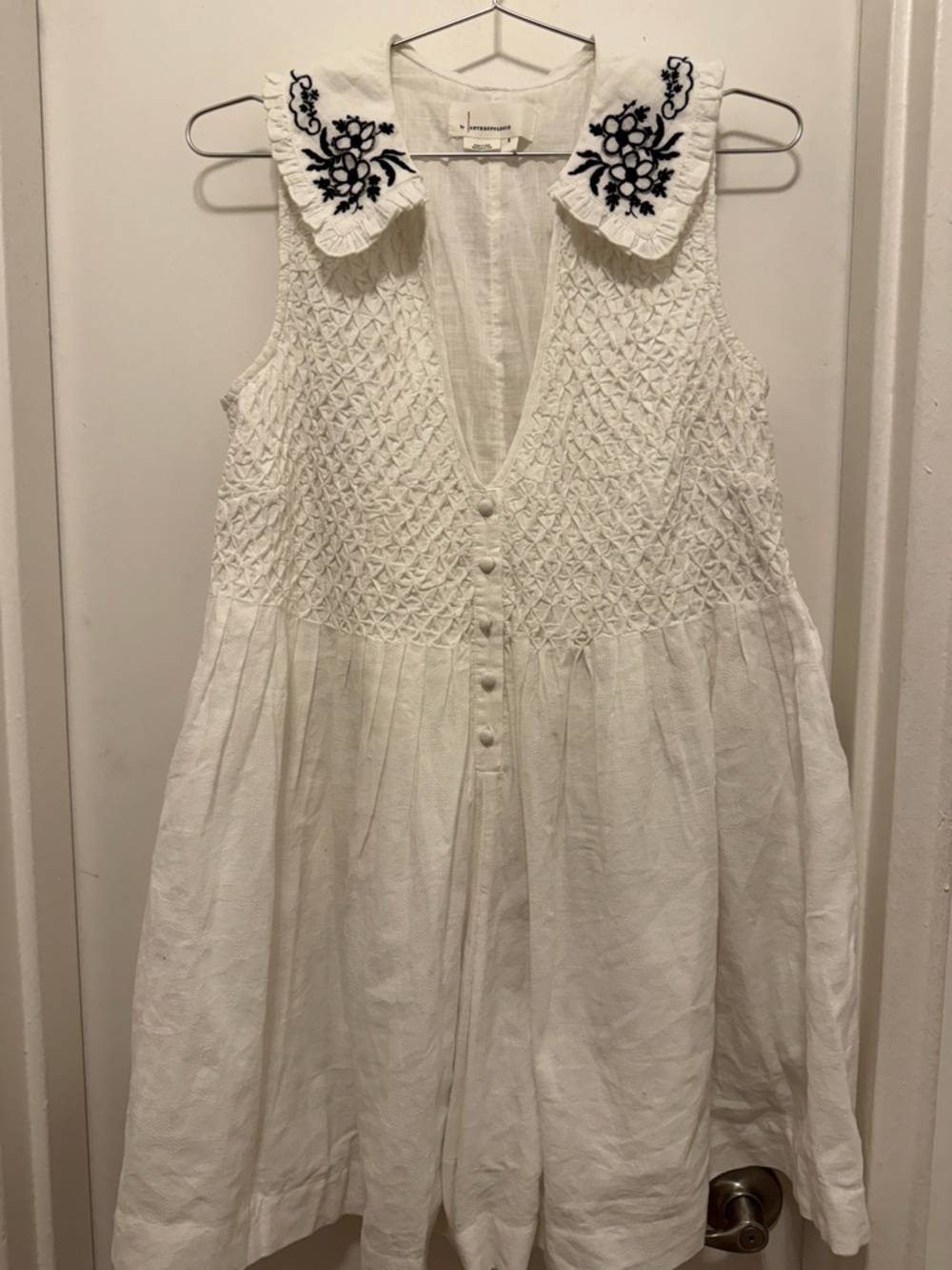 Anthropologie White Sleeveless Dress with Black Floral Embroidered Collar